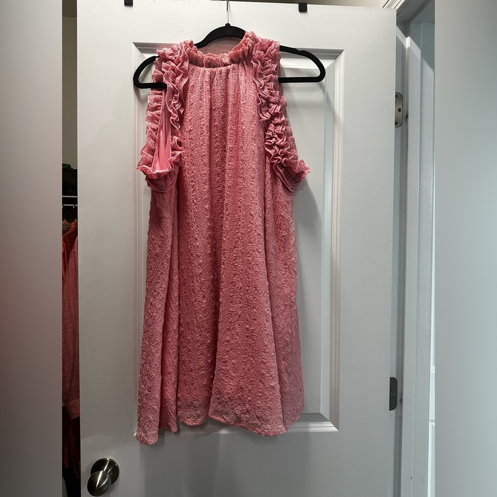 Pink ruffle shoulder semi-halter swing dress